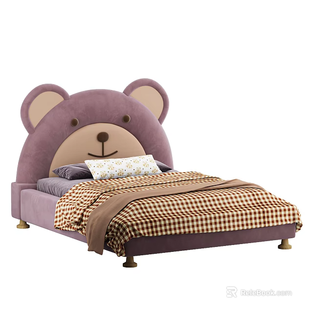 Purple Kids Bed With Bear Shaped Headboard Soft Pillows And Checkered Quilt Design 3d model 