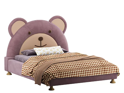 Purple Kids Bed With Bear Shaped Headboard Soft Pillows And Checkered Quilt Design 3d model