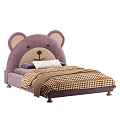 Purple Kids Bed With Bear Shaped Headboard Soft Pillows And Checkered Quilt Design