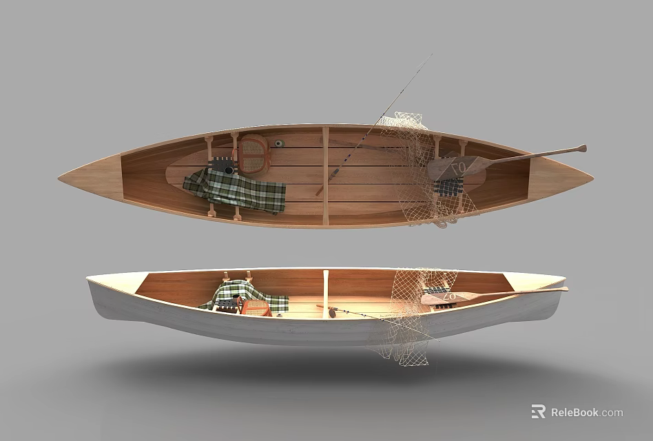 Traditional Wooden Boat Interior With Fishing Net Oar Plaid Blanket And Seats 3d model 