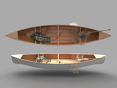 Traditional Wooden Boat Interior With Fishing Net Oar Plaid Blanket And Seats 3d model