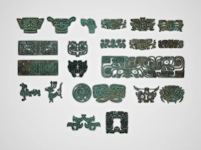 Artistic Ancient Bronze Carvings with Intricate Traditional Patterns and Shapes 3d model