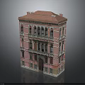 Classic Pink Multi Story Building With Red Roof Arched Windows And Ornate Balconies