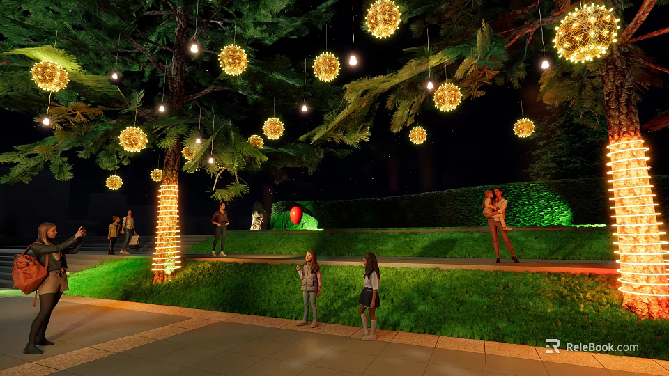 Outdoor Spherical Hanging Lights on Trees in Garden with Lawn and People 3d model 