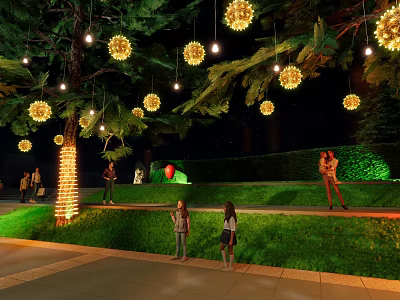 Outdoor Spherical Hanging Lights on Trees in Garden with Lawn and People 3d model
