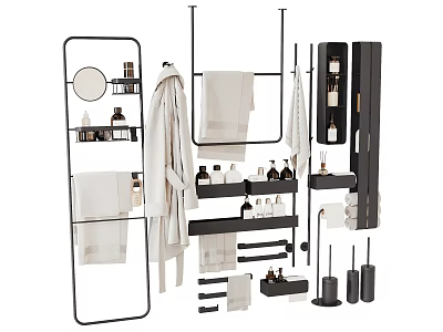 Bathroom Daily Essentials With Hanging Rack Mirror Towels Toiletries Storage And Toilet Brush 3d model