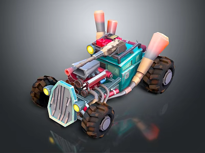 Teal Modified Off Road Vehicle Design With Large Tires Rocket Exhaust Pipes And Exposed Engine 3d model