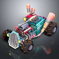 Teal Modified Off Road Vehicle Design With Large Tires Rocket Exhaust Pipes And Exposed Engine