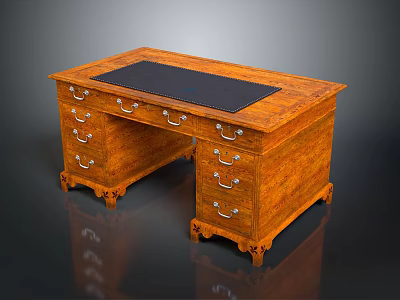 Vintage Wooden Office Desk With Multiple Drawers Metal Handles Carved Legs And Black Desktop Pad 3d model