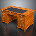 Vintage Wooden Office Desk With Multiple Drawers Metal Handles Carved Legs And Black Desktop Pad