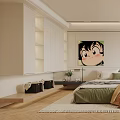 Modern Bedroom Interior With Green Quilt Pillows White Cabinets Cartoon Painting Plants And Blinds