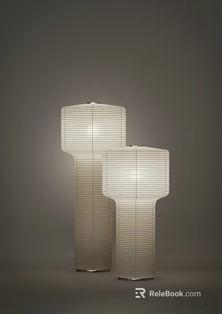 Two Modern Floor Lamps with White Striped Shades Illuminated in Minimalist Setting 3d model 