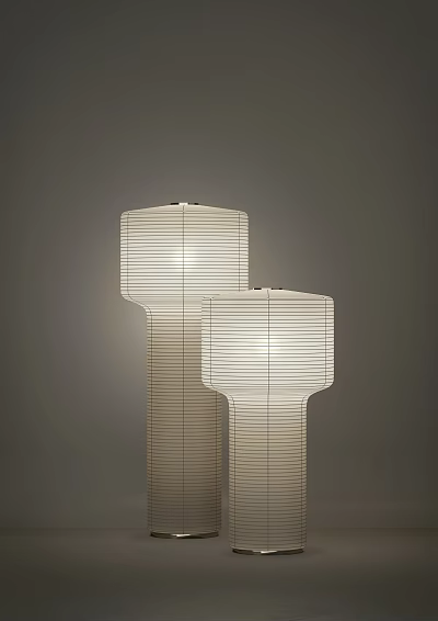 Two Modern Floor Lamps with White Striped Shades Illuminated in Minimalist Setting 3d model