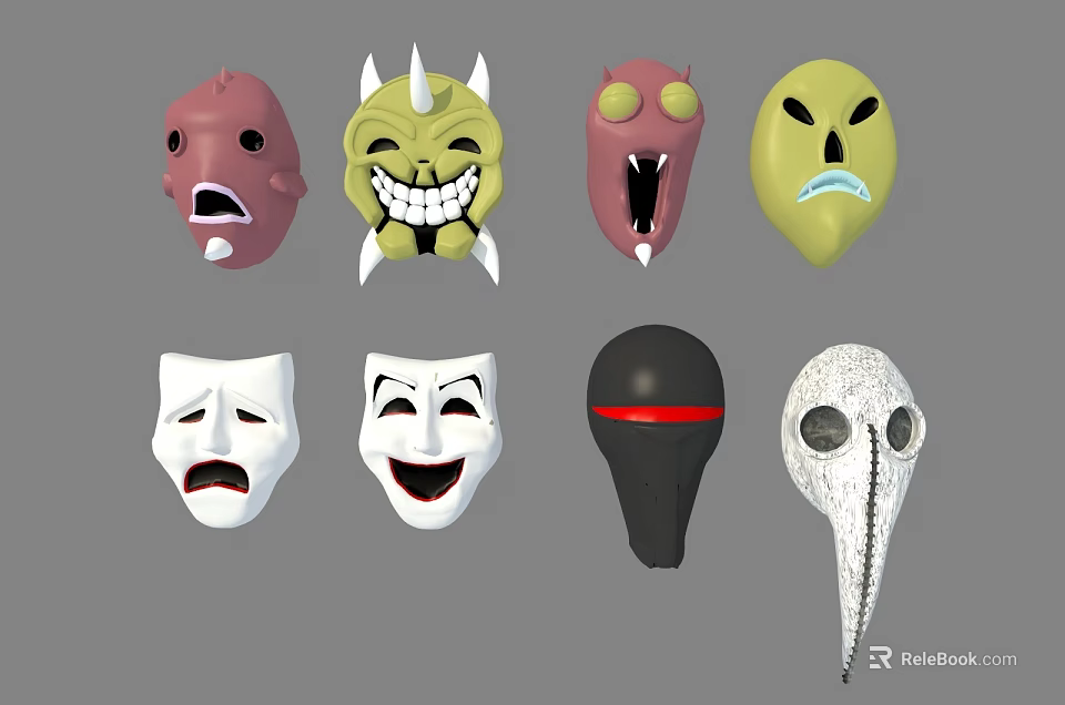 Sculpted Masks Collection Featuring Various Expressions And Colorful Unique Designs 3d model 