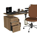 Wooden Office Desk With Drawers Laptop Alarm Clock Coffee Mug Desk Lamp And Brown Chair