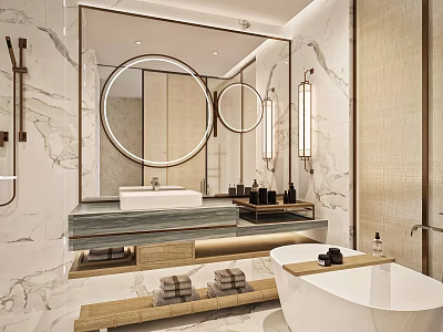 Modern Bathroom Interior With Marble Walls Round Mirror Vanity Bathtub And Wooden Shelves 3d model