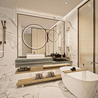 Modern Bathroom Interior With Marble Walls Round Mirror Vanity Bathtub And Wooden Shelves 3d model