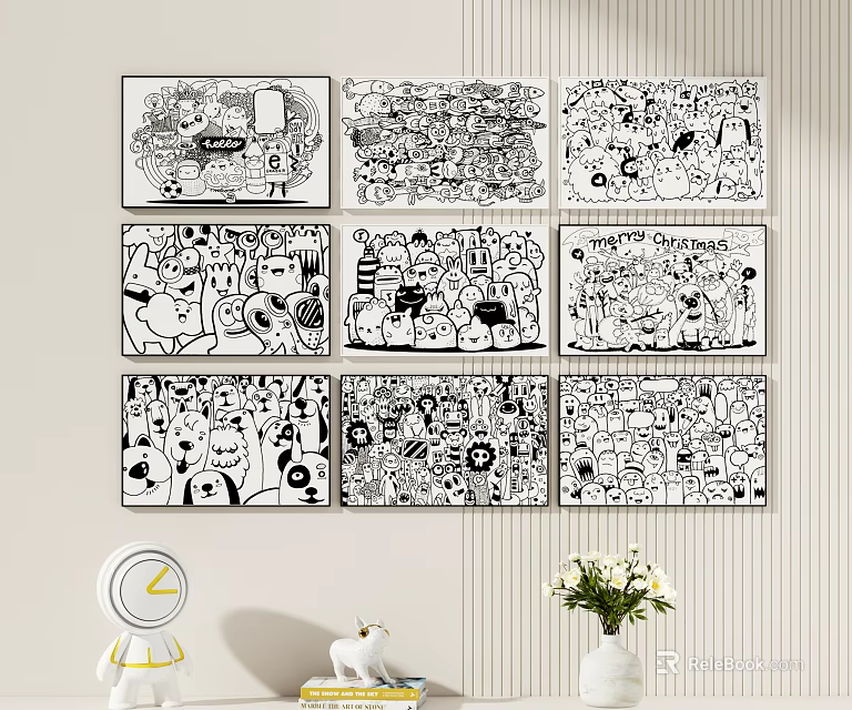 Black And White Cartoon Wall Art With Rich Patterns Hanging On Light Striped Wall 3d model 