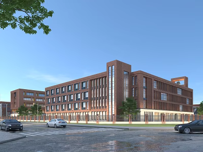 Red Brick Multi Story School Building With Large Windows Trees And Cars On Road 3d model