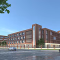 Red Brick Multi Story School Building With Large Windows Trees And Cars On Road