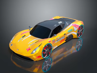 Yellow Black Streamlined Racing Sports Car Featuring Sponsor Logos And Colorful Rims 3d model