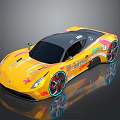 Yellow Black Streamlined Racing Sports Car Featuring Sponsor Logos And Colorful Rims