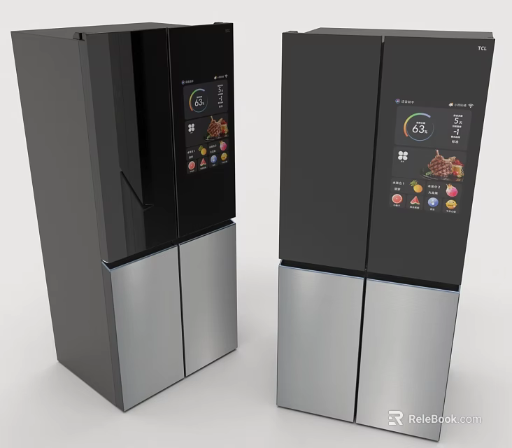 Modern Household Refrigerators With Double Door Digital Display And Black Silver Finish 3d model 