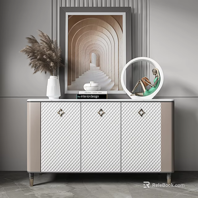 Modern Entryway Console with White Beige Diamond Doors Pampas Vase Black Book Bowl Round Mirror 3d model 