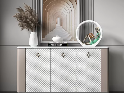 Modern Entryway Console with White Beige Diamond Doors Pampas Vase Black Book Bowl Round Mirror 3d model