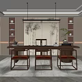Serene Traditional Tea Room Interior Design With Wooden Table Chairs Shelves And Bamboo Painting