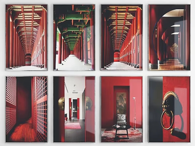 Traditional Chinese Red Landscape Paintings With Architectural Interior Scenes 3d model