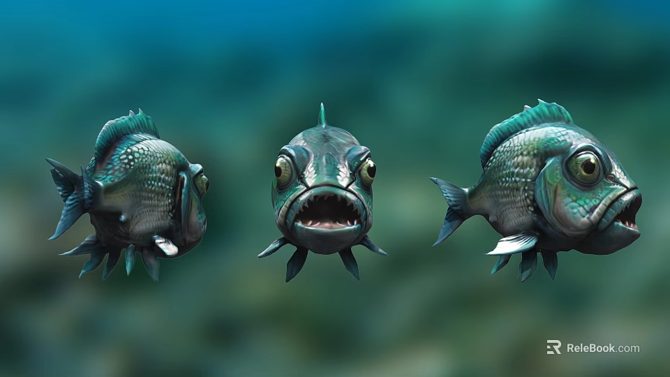 Three Green Aquatic Fish With Large Eyes And Open Mouth In Underwater Scene 3d model 