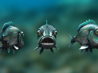 Three Green Aquatic Fish With Large Eyes And Open Mouth In Underwater Scene 3d model