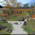 Illuminated Japanese Courtyard Garden With Pebble Path Stone Lanterns Autumn Trees And Green Plants
