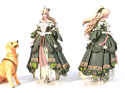 Elegant Game Movie Character In Green Floral Gown With Long Hair And Golden Dog 3d model