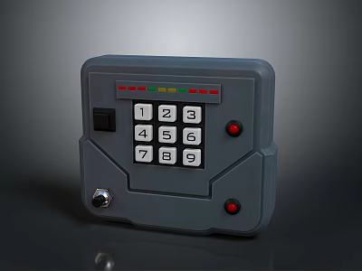 Gray Industrial Computer Control Panel With Numeric Keypad Indicator Lights Buttons And Knob 3d model