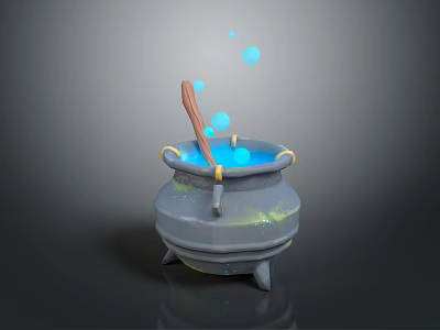 Ceramic Vessel With Blue Liquid Bubbles Rising Wooden Spoon And Green Enamel Details 3d model