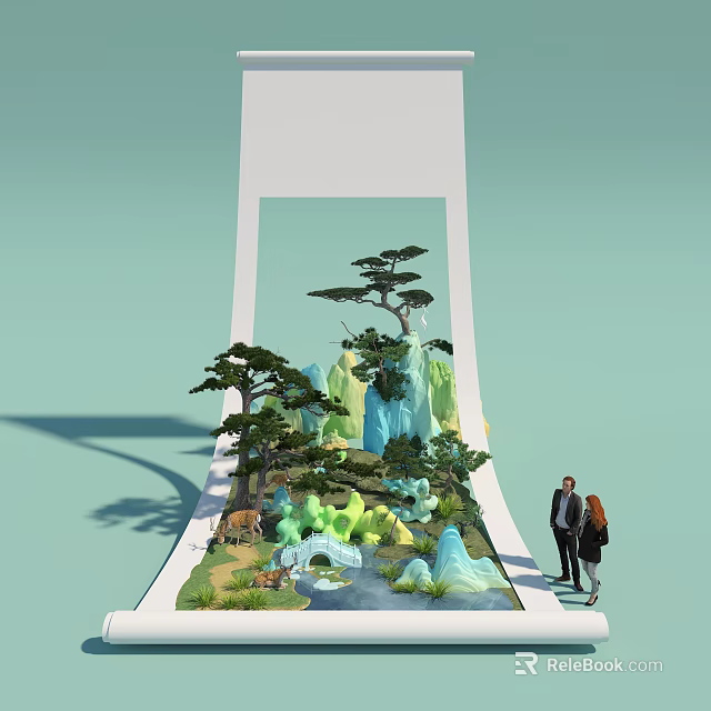 Miniature Landscape with Rock Formations Pine Trees and Stream Near People 3d model 