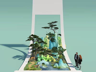 Miniature Landscape with Rock Formations Pine Trees and Stream Near People 3d model