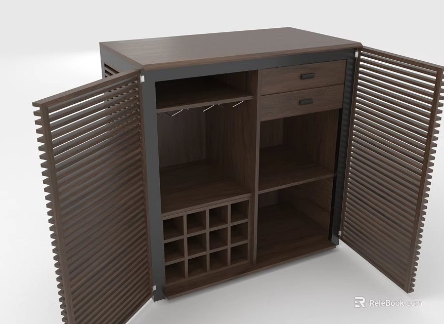 Dark Wood Storage Cabinet With Louvered Double Doors Internal Wine Rack Drawer And Hanging Rod 3d model 
