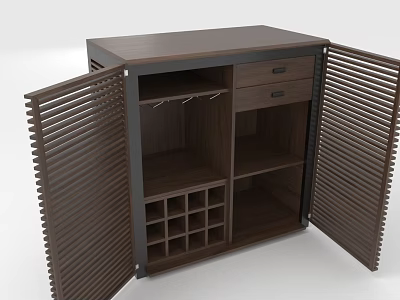 Dark Wood Storage Cabinet With Louvered Double Doors Internal Wine Rack Drawer And Hanging Rod 3d model