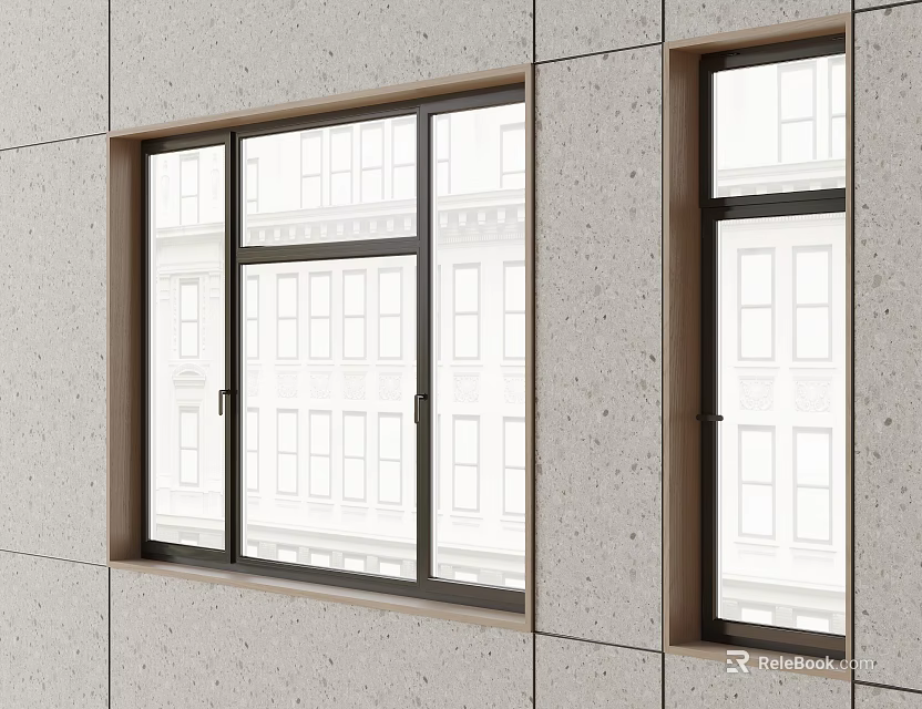 Modern Casement Windows Installed On Concrete Building Exterior With Dark Frames 3d model 