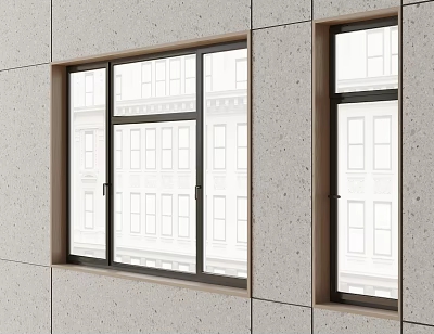 Modern Casement Windows Installed On Concrete Building Exterior With Dark Frames 3d model