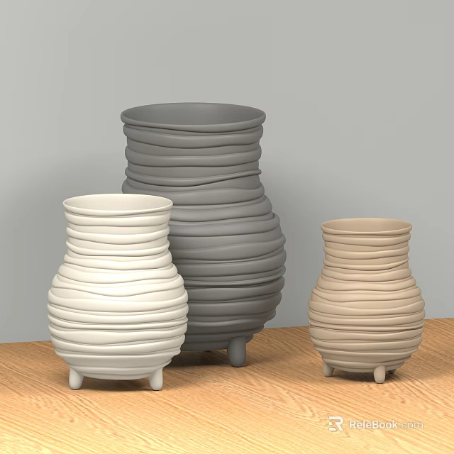 White Gray Beige Swirled Texture Vases With Small Feet On Wooden Tabletop 3d model 