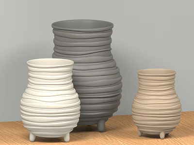 White Gray Beige Swirled Texture Vases With Small Feet On Wooden Tabletop 3d model