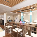 Modern Patient Room Interior With Wooden Ceiling White Walls Two Beds And Blue Curtains