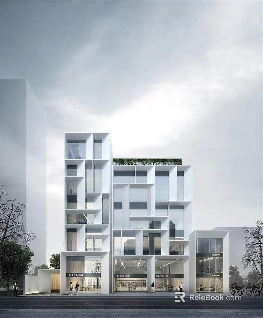 Modern Office Building Exterior With Glass Curtain Wall And Green Roof Design 3d model 