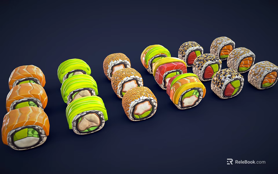 Colorful Sushi Rolls With Fresh Ingredients And Various Fillings On Dark Background 3d model 