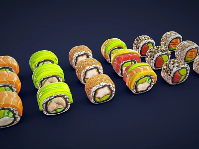 Colorful Sushi Rolls With Fresh Ingredients And Various Fillings On Dark Background 3d model