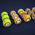 Colorful Sushi Rolls With Fresh Ingredients And Various Fillings On Dark Background